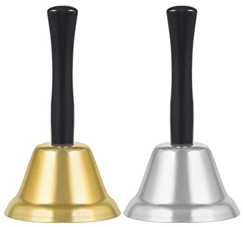 SAVITA 2 Pcs 7.5 x 12.4cm / 3 x 4.9 Inch Christmas Hand Bell, Loud Clear Call Bell Wooden Handle Alarm Handbells for Christmas Alarm Decorations Wedding Events Dinner School Hotel Services