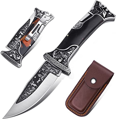 JASON coltello pieghevole coltello da tasca con clip da cintura unico coltello da cintura con fodero in PU per attività all'aperto Grande collezione.