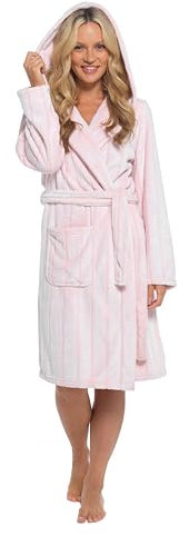 Daisy Dreamer Womens Snuggle Fleece Dressing Gown Robes Extra Long Super Soft Cuddly Velvet Touch Plush Bathrobe Gowns for Ladies, Pink Stripe 12-14