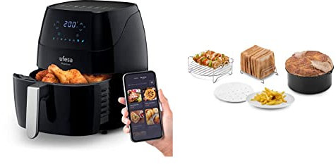 Ufesa AF5000 Phantom Freidora de Aire sin Aceite con WIFI, 5L, Control Táctil Digital, 8 Programas, 1500W, APP con Recetarioo + Ufesa Pack 4 Accesorios para Freidora de Aire sin Aceite