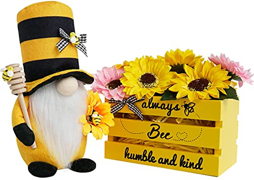 Bee Decor, Wood Bee Crate Decorations, Bumble Bee Gnome with Honey Dipper