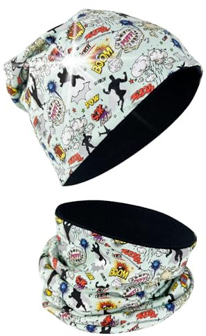 HECKBO Winter Superheld Kinder Beanie Mütze & Loop-Schal – Vlies – 2–8 Jahre – Beanie Mütze – Perfekt für Winter-Outfits & Outdoor-Aktivitäten (48–54 cm)