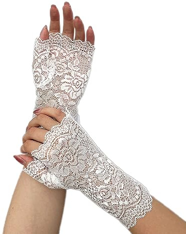 Wambere Damhandskar, spetsvantar, vintage, spetsbroderi, solskydd, brudhandled, festtillbehör, halloween, Vit., one size