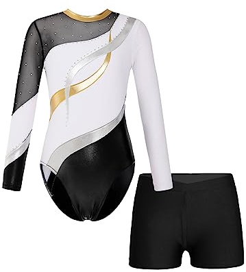 iEFiEL Mädchen Turnanzug Langarm Gymnastik Trikotanzug Glänzende Turnen Set Klassisch Gymnastikanzug Kinder Tanzbody Za Weiß 134-140