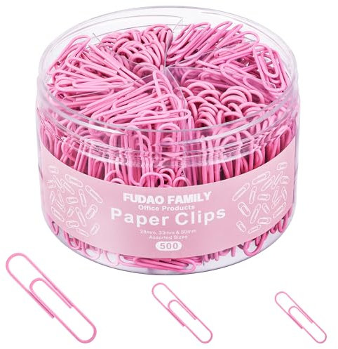 FUDAO FAMILY 500pcs Paper Clips Assorted Sizes, Small, Medium and Large（1.1inch, 1.3inch and 2inch Paper Clips, Vinyl Coated Paperclips for Office, School, Home Supplies (Pink)