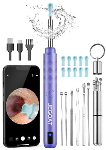 Jegoat Herramienta de eliminación de cera de oído, cámara con cámara HD 1296P y 6 luces LED, limpiador de oídos con 10 púas de oído, kit de eliminación de cera de oído mejorado para iOS y Android
