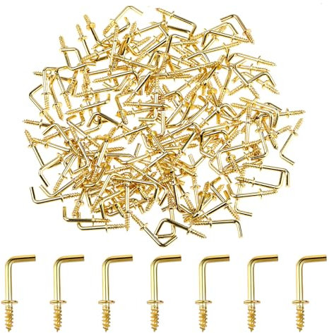 Jeffdad Lot de 150 petits crochets à vis, crochet à angle droit en forme de L plaqué cuivre de 1,27 cm pour bijoux, artisanat, clés, casquettes, plantes, guirlandes lumineuses, couronnes (doré)