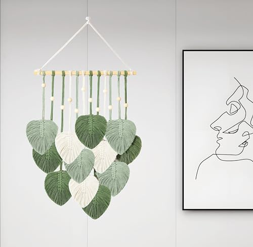 IcosaMro Bohemian Macrame Wall Hanging, Chic Boho Large Feather Tapestry Wall Decor, Handmade Woven Yarn Home Aesthetic Art Deco, 17 X 23 (Beige, Sage Green & Green)