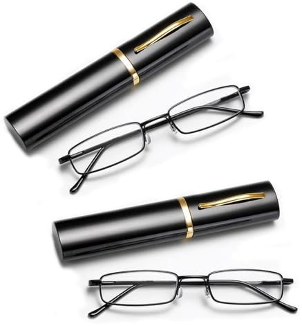 2 Pairs Slim Pocket Reading Glasses, Blue Light Blocking Metal Frame Spring Hinge Mini Compact Skinny Rectangle Lightweight Unisex Magnifying Eyewear with Portable Pen Clip Case (Black, 2, Dioptres)