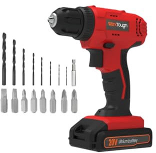 Werktough Cordless Drill Driver 20V Lithium Battery 1500MA 1h Fast Charger with 8pcs HSS Drill and 8pcs CRV bits