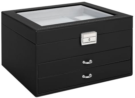 Yieseang Portagioie con 2 cassetti, portagioie con coperchio in vetro, organizer per gioielli, per orecchini, orologi, anelli, Natale, San Valentino, compleanno, nero