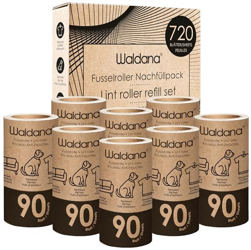 Waldana Lot de 8 rouleaux anti-peluches de rechange 90 feuilles (720 feuilles) pour poils d'animaux, vêtements, poils d'animaux, poils de chat, poils de chien