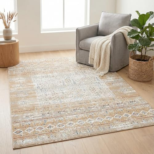 RUGURA Alfombra Étnica Vintage Alfombra Salón Habitación Comedor Dormitorio 160x230cm Mostaza Beige Ocre Crema Estilo Oriental Nórdico Moderno Contemporáneo Mediterráneo
