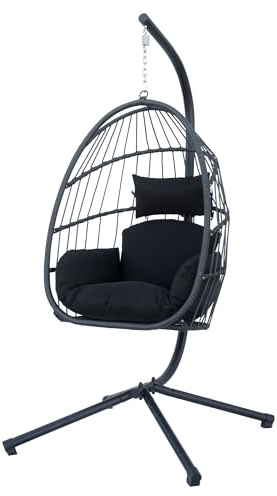 Sedia A Dondolo Poltrona Pensile Sospesa In Rattan Struttura In Acciaio Cuscini Sfoderabili Ovetto Richiudibile Altalena Giardino Casa Struttura Inclusa - Grigio scuro