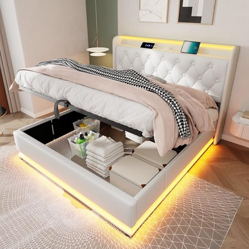 Double Ottoman Bed with 360 Surround Led Lighting and Charging Station, Upholstered Bed Frame with Hydraulic Storage, 4ft6 Double Bed Frame with Wooden Slats, PU, No Mattress (White, 135 x190 cm)