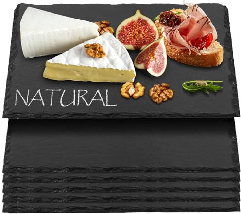 poeland Juego de 6 platos de pizarra natural, tablas de queso de pizarra con 3 tizas de esteatita, platos rectangulares para servir sushi, fiestas, regalos, carne, aperitivo