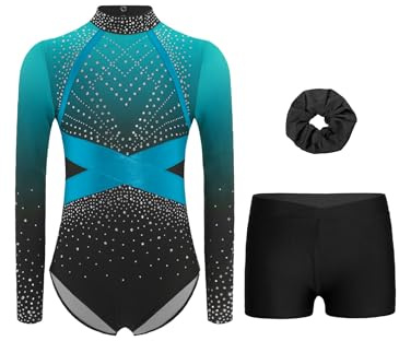 RUNQHUI Fille 3 Pièces Ensemble Gymnastique Justaucorps Manches Longues avec Short et Bandeau des Cheveux Tenue Strass Compétition Spectacle A Bleu clair 13-14 ans