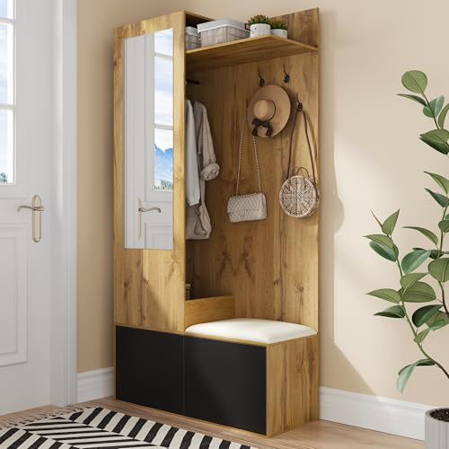 Fppuueg Armario Entrada con Espejo y Zapatero, Conjunto de Armario con Perchero y 5 Ganchos, Juego de Perchero con Estantes Superiores y Banco, Mueble de Entrad, 191x100x38 cm, Negro y Natural