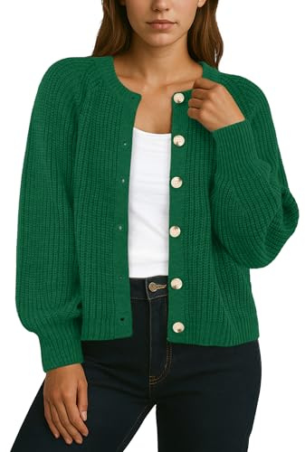GRECERELLE Cárdigan de mujer suave de manga larga, suéter oversize de mujer suelto grueso, cárdigan de cuello redondo, suéter de punto con botones para mujer UK, otoño, invierno, primavera, verde