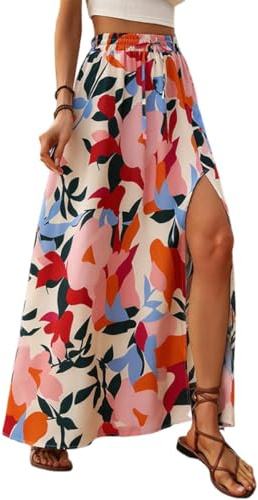 EIRUKON Jupe Longue Femme Ete Fluide Bohème Jupes Elegant A-Ligne Taille Haute Elastique Maxi Jupe de Plage Fendue Imprimé Fleur Décontractée Skirt