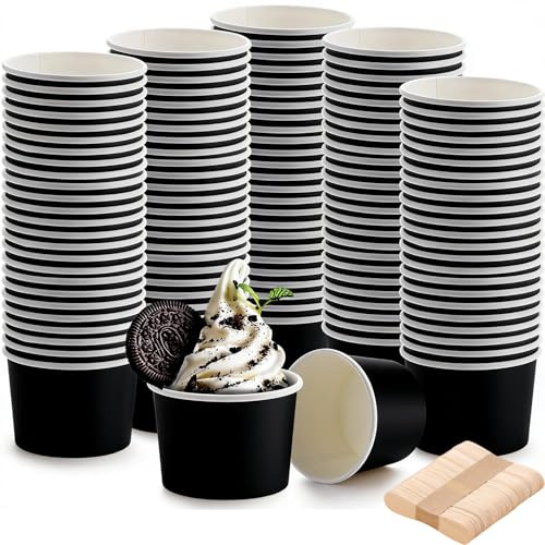 50 stycken miljövänliga universella pappglassbägare, 240 ml glassbägare av papper med 50 stycken skedar, glassbägare kartong, komposterbara koppar, mellanmål i papper för is, yoghurt, fingermat, svart