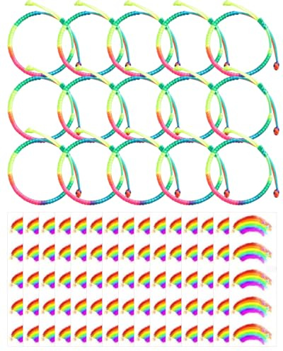 RAMGLYO Braccialetti Amicizia Colorati 15 Pezzi Fatti a Mano per Bambini Ragazze. Set Intrecciati Regolabili, Regalo per Feste, Compleanni & Gadget + 15 Sticker Arcobaleno