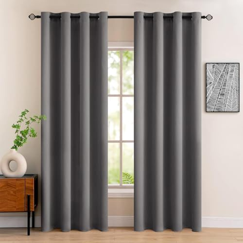 MIULEE Grey Blackout Curtains for Living Room 2 Panel Set, Premium Eyelet Curtains for Bedroom, Thermal Insulated Window Curtain Drapes, Black Out Curtain 90 Drop, Each Panel 46 x 90 Inches