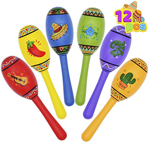JOYIN 12 Mini Wooden Fiesta Maracas 6 Designs Noisemaker for Mexican Fiesta, Cinco De Mayo Party Favors, Musical Fun, Birthday Parties, Luau Party, Carnivals, Taco Tuesday Event