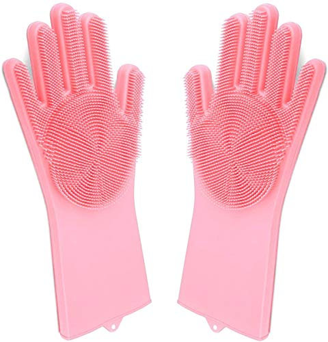 Taylor & Brown Pair of Magic Dishwashing Cleaning Sponge Gloves Reusable Silicone Brush Scrubber Heat Resistant for Kitchen Bathroom Cleaning Pet Hair Care Car Washing (Pink)