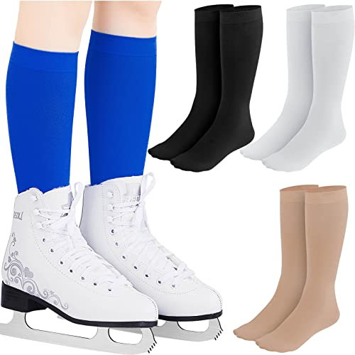 Handepo 4 Paar Eiskunstlaufsocken hohe Strumpfhosen Skate Socken Eissocken Nylon Skating Socken für Schlittschuhe Tanzen, Schwarz, Weiß, Hautfarben, Königsblau, Einheitsgröße