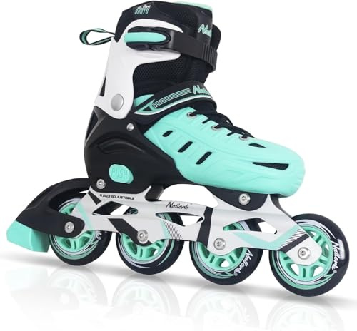 Teal Inline Skates for Youth Girls Women, 4 Sizes Adjustable Blades Roller Skates with Ankle Support, Adjustable Strap, 90mm Wheels and Soft Boot Fit for Skating, Roller Derby, Street Hockey