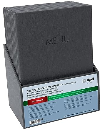 SIGEL SM204 Speisekarten-Mappen A4 - Set: 10 Stück mit gratis Aufbewahrungsbox - Gummi-Bindung, anthrazit mit Leinenstruktur, strapazierfähig und leicht abwischbar