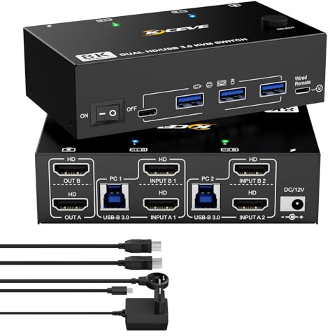 YOUTINGHDAV USB 3.0 KVM Switch 2 PC 2 Monitore HDMI 8K@60Hz 4K@120Hz, Dual Monitor KVM Switch HDMI 2.1 Teilen Maus Tastatur, mit 2 USB 3.0-Kabeln und Wired Remote