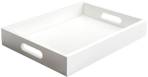 SANZIE Wood Tray Desktop Storage Organizer Premium Serving Wooden Tray Decorative Tray Valet fit for Sundries Cosmetics Keys Phone Wallet Cutlery (White, Large)