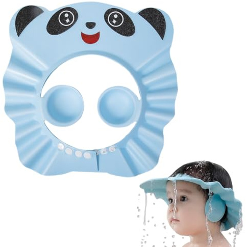 EYVRPAU 1 Pezzi Cuffia da Doccia Regolabile, Cappello Doccia Bambini, Cuffia da Bagno per Testa Bambino, Regolabile Visiera Cappello, Protezione per Doccia, per Proteggi Occhi(Blu, a Forma di Panda)