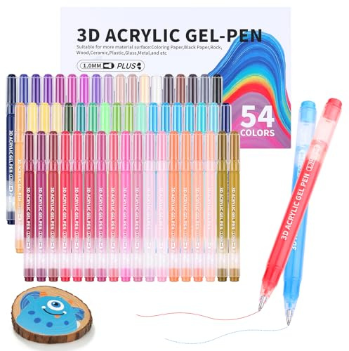 KEMYR Penne gel acriliche 3D, 54 colori più inchiostri, pennarelli acrilici con punta a proiettile da 1,0 mm, penne acriliche per carta nera, pittura su roccia, vetro, legno, tessuto, carte, album di
