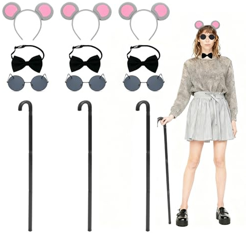 Buyzzus Lot de 12 accessoires de costume de souris pour adulte avec oreilles de souris, bandeau, bâton d'aveugle, lunettes, nœud papillon, décoration amusante, costume de cosplay pour carnaval, fête
