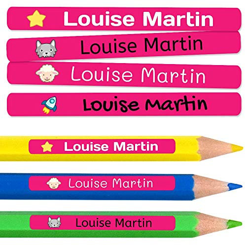50 personalisierte Klebeetiketten für Bleistifte und Kugelschreiber. Schulaufkleber mit Namen zum Markieren von Gegenständen. Wasserfeste Aufkleber für Schule und Kindergarten Maße 4,6 x 0,6 cm