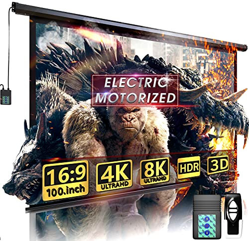 100 Motorized Projector Screen - Indoor and Outdoor Movies Screen 100 inch Electric 16:9 Projector Screen W/Remote Control