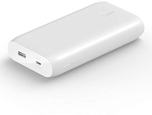Belkin 20000mAh power bank fast charging, USB-C Power Delivery portable charger with 30W USB-C and 12W USB-A ports, 20K travel battery pack for MacBook, iPad, iPhone, Galaxy, Pixel and more – White
