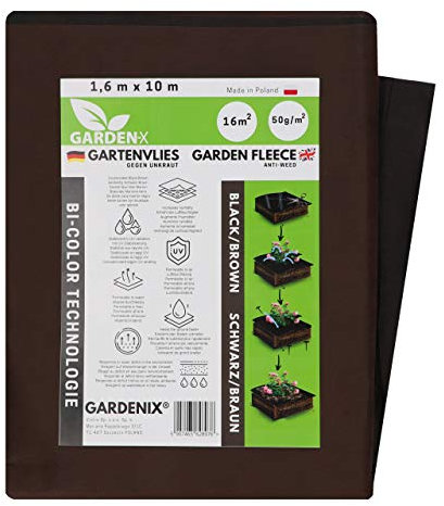 GARDENIX 16m² Gartenvlies Unkrautvlies Braun Wasserdurchlässig 50g/m² -Schwarz Unkraut Folie 1.6m x 10m - Vlies Hochbeet, Unkrautschutzfolie, Flies Gartenflies Gartenfolie Beetfolie Pflanzfolie Mulch