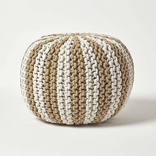 HOMESCAPES Pouf tressé Rond Beige et Blanc, Repose-Pieds, Pouf Beige en Tricot 35 x 40 cm