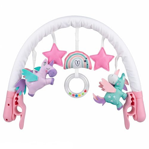LADIDA Baby Activity Toy Arch with Universal Fittings for Pram Pushchair Buggy Car Seat Suitable from Birth Pink Girl Unicorn Theme