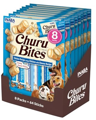 INABA Churu Bites Perros - Receta de Pollo con Queso - Palitos crujientes con Relleno cremoso, Aperitivo Delicioso y Saludable - Alimento con Proteínas, sin colorantes ni conservantes, 768g (64x12g)