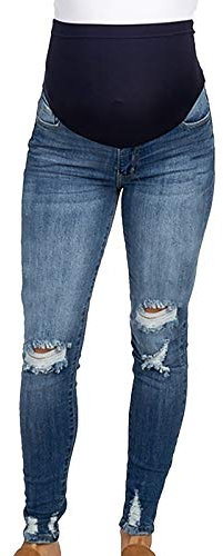 Mammajeans för kvinnor, skinny jeans för gravida kvinnor, graviditetsjeans, långa mammabyxor, jeans, byxor, slitna jeans, maternity jeans, denim leggings för graviditet, mammajeans, jeans, blå, S