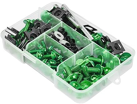 JNNJ Motorcycle Fairing Bolt Kit, 177pcs M5 M6 Motorcycle Windscreen Screws, Aluminum Fasteners Fairing Bolts Nut Clips Kit, Mounting Kits Washers Nuts Screws Assortment for Sport Bikes(Green)