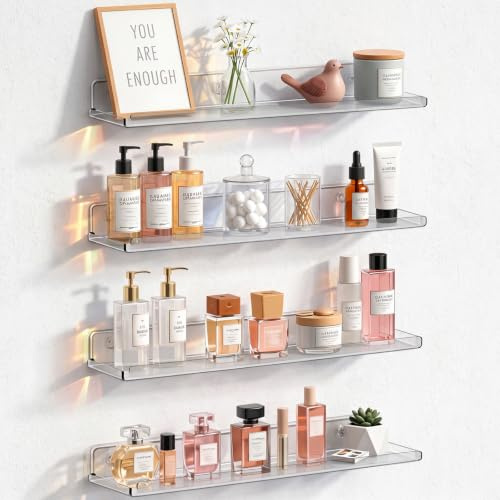 Lifewit Acrylic Floating Shelves for Bathroom 14 Clear, 4 Pack | Wall Mounted Display Shelf for Makeup, Skincare, Nail Polish, Book, Perfume Organizer for Bedroom, Living Room, Nursery Decor