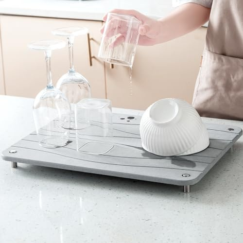 Plentio Tapis de séchage en pierre à séchage rapide pour comptoir de cuisine, Tapis d'évier à vaisselle en diatomée absorbant l'eau, plateau de séchage multifonction pour tasses, plats, bouteilles