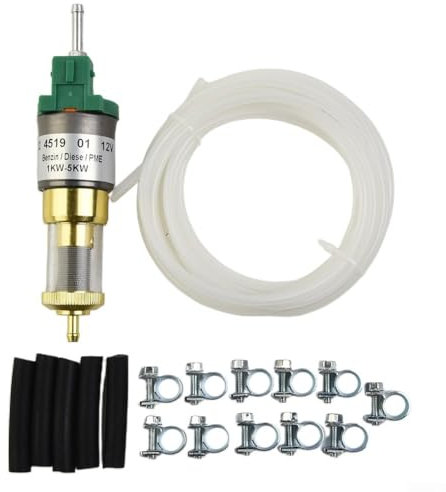 12V Ultra-Leise Dieselheizung Pumpe für Luftstandheizung, Elektronische Impulspumpe 22ml - Passend für 1KW-5KW Diesel/Benzin Heizgeräte inkl. Kraftstoffschlauch-Set (Silber/Grün, Metallgehäuse)