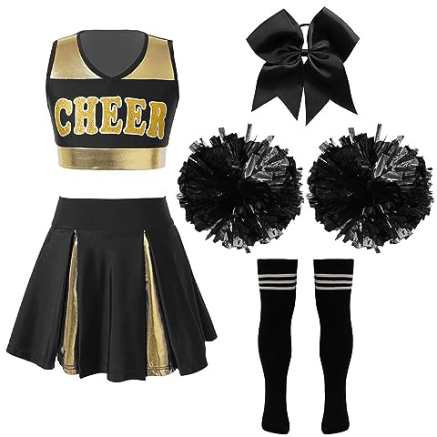 Aislor Uniforme Costume da Cheer Leader Bambina 3 Pezzi Vestito da Cheerleading con Stampa 'Cheer' Abito da Danza Moderna Ragazze Calzini +Pom-Pom Bambine Dress C Bianco 11-12 anni